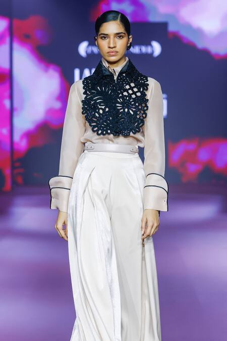 Buy_Pankaj & Nidhi_Cream Tulle, Organza, Cut Work, Black Cutwork Tuxedo Yoke And Shirt Set _Online_at_Aza_Fashions