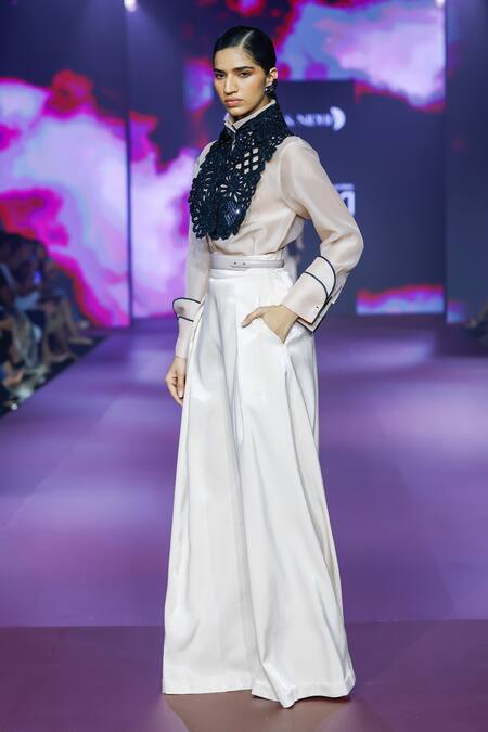 Pankaj & Nidhi_Cream Tulle, Organza, Cut Work, Black Cutwork Tuxedo Yoke And Shirt Set _at_Aza_Fashions