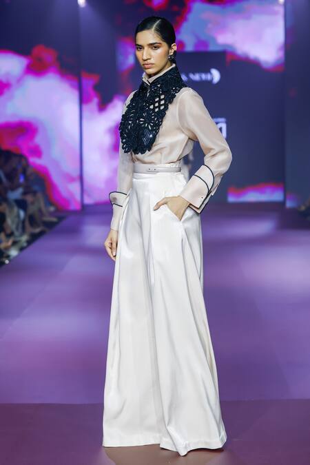 Buy_Pankaj & Nidhi_Cream Tulle, Organza, Cut Work, Black Cutwork Tuxedo Yoke And Shirt Set 