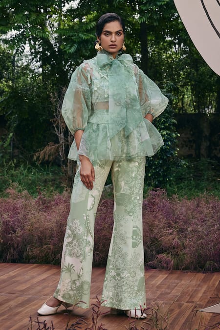 Pankaj & Nidhi_Green Organza Sequins, Embroidery Turtle Neck Mint Peplum Top And Flared Pant Set _Online_at_Aza_Fashions
