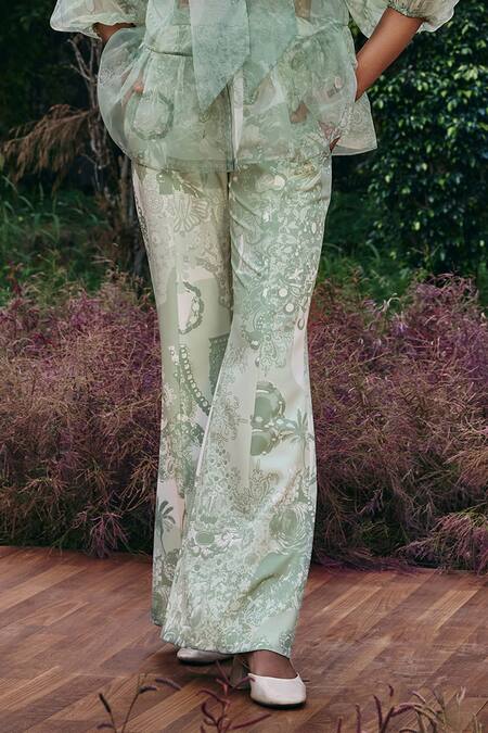 Buy_Pankaj & Nidhi_Green Organza Sequins, Embroidery Turtle Neck Mint Peplum Top And Flared Pant Set _Online_at_Aza_Fashions