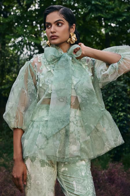 Shop_Pankaj & Nidhi_Green Organza Sequins, Embroidery Turtle Neck Mint Peplum Top And Flared Pant Set _Online_at_Aza_Fashions