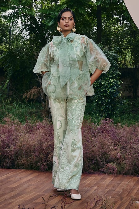 Buy Pankaj & Nidhi Green Modal Embroidery Mint Abstract Flared Pant Online at Aza Fashions Buy_Pankaj & Nidhi_Green Modal Embroidery Mint Abstract Flared Pant _Online_at_Aza_Fashions