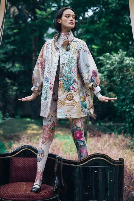 Pankaj & Nidhi_Multi Color Cotton Sequins, Chains, Patchwork Multicolor Floral Quilted Jacket _Online_at_Aza_Fashions