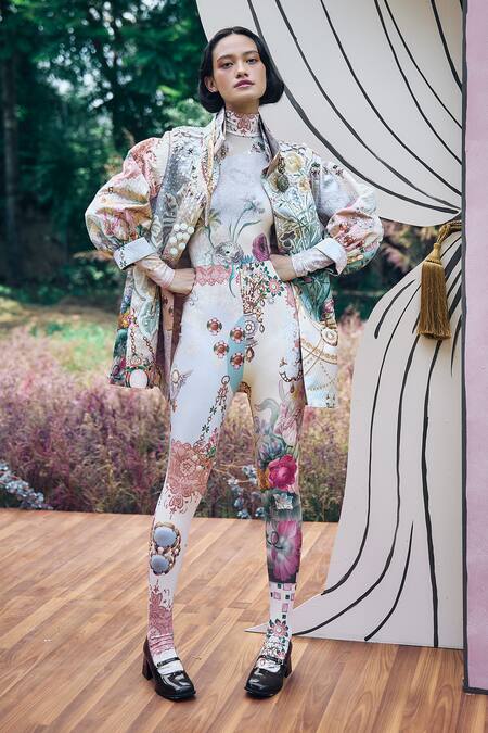 Pankaj & Nidhi_Multi Color Lycra Sequins, Chains, Patchwork Floral Quilted Jacket And Catsuit _Online_at_Aza_Fashions