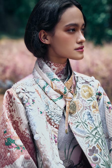 Buy_Pankaj & Nidhi_Multi Color Lycra Sequins, Chains, Patchwork Floral Quilted Jacket And Catsuit _Online_at_Aza_Fashions