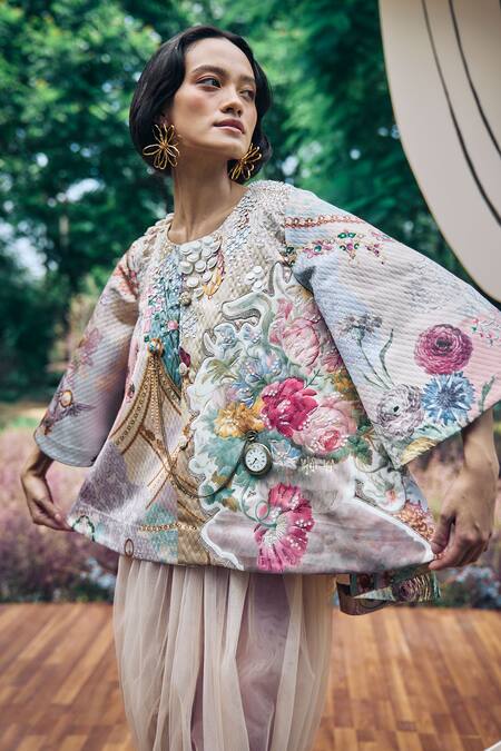 Buy Pankaj & Nidhi Multi Color Cotton Sequins, Patchwork Round Multicolor Floral Quilted Jacket Online at Aza Fashions Buy_Pankaj & Nidhi_Multi Color Cotton Sequins, Patchwork Round Multicolor Floral Quilted Jacket _Online_at_Aza_Fashions