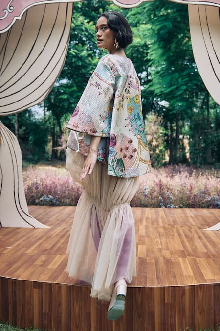 Pankaj & Nidhi Floral Patchwork Quilted Jacket & Sheer Skirt 