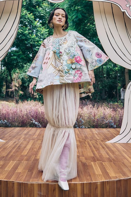 Buy_Pankaj & Nidhi_Multi Color Tulle, Cotton Sequins, Floral Quilted Jacket And Sheer Skirt _Online_at_Aza_Fashions