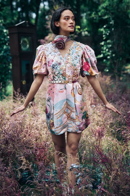 Pankaj & Nidhi Multicolor Floral Abstract Pleated Dress 