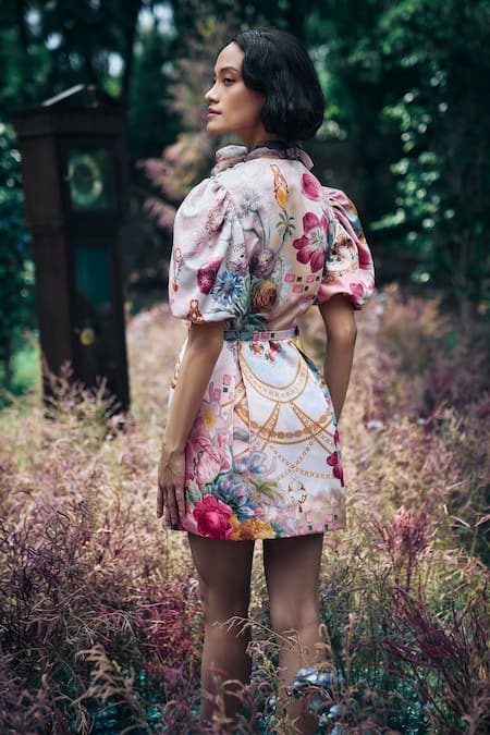 Pankaj & Nidhi Multicolor Floral Abstract Pleated Dress 