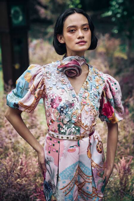 Pankaj & Nidhi_Multi Color Silk Sequins V-neck Multicolor Floral Abstract Pleated Dress _Online_at_Aza_Fashions