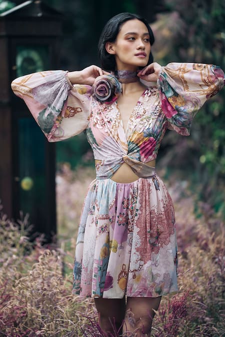 Pankaj & Nidhi Multi Color Chiffon Sequins V-neck Multicolor Floral Abstract Cut-out Dress