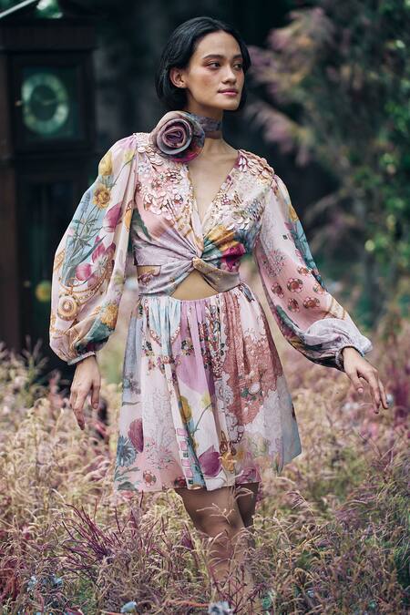 Pankaj & Nidhi Multi Color Chiffon Sequins V-neck Multicolor Floral Abstract Cut-out Dress Online at Aza Fashions Pankaj & Nidhi_Multi Color Chiffon Sequins V-neck Multicolor Floral Abstract Cut-out Dress _Online_at_Aza_Fashions