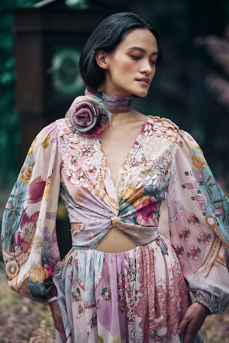 Buy Pankaj & Nidhi Multi Color Chiffon Sequins V-neck Multicolor Floral Abstract Cut-out Dress Online at Aza Fashions Buy_Pankaj & Nidhi_Multi Color Chiffon Sequins V-neck Multicolor Floral Abstract Cut-out Dress _Online_at_Aza_Fashions