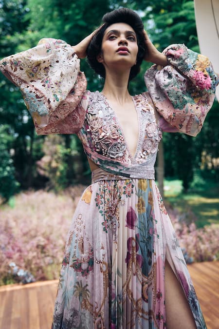 Pankaj & Nidhi Multi Color Chiffon, Lace Sequins, Cut Work V-neck Embellished Floral Maxi Dress Online at Aza Fashions Pankaj & Nidhi_Multi Color Chiffon, Lace Sequins, Cut Work V-neck Embellished Floral Maxi Dress _Online_at_Aza_Fashions