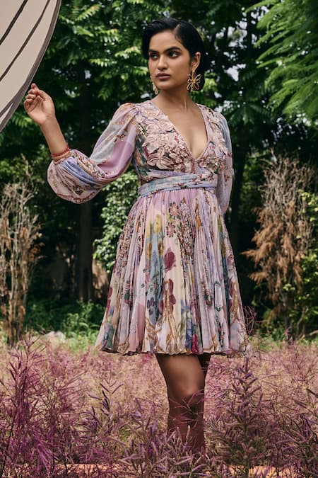 Pankaj & Nidhi Floral Cut-Out Crossover Mini Dress 