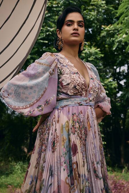 Pankaj & Nidhi_Multi Color Chiffon Sequins, Cut Work, Floral Cut-out Crossover Mini Dress _Online_at_Aza_Fashions