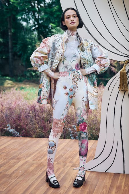 Pankaj & Nidhi Floral Abstract Pattern Catsuit 