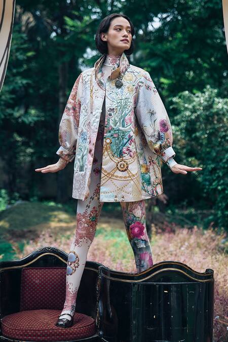 Pankaj & Nidhi_Multi Color Lycra Embroidery High Neck Floral Abstract Pattern Catsuit _Online_at_Aza_Fashions