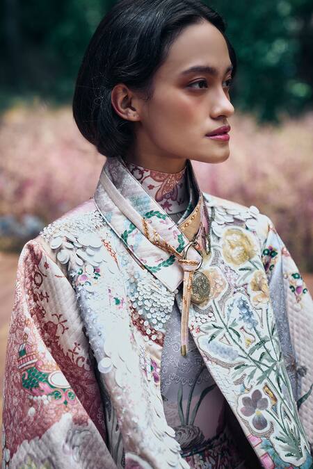 Buy_Pankaj & Nidhi_Multi Color Lycra Embroidery High Neck Floral Abstract Pattern Catsuit _Online_at_Aza_Fashions