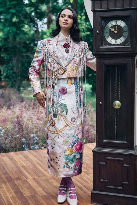 Pankaj & Nidhi_Multi Color Satin Sequins, Tassels, Floral Abstract Embellished Cropped Blazer _Online_at_Aza_Fashions
