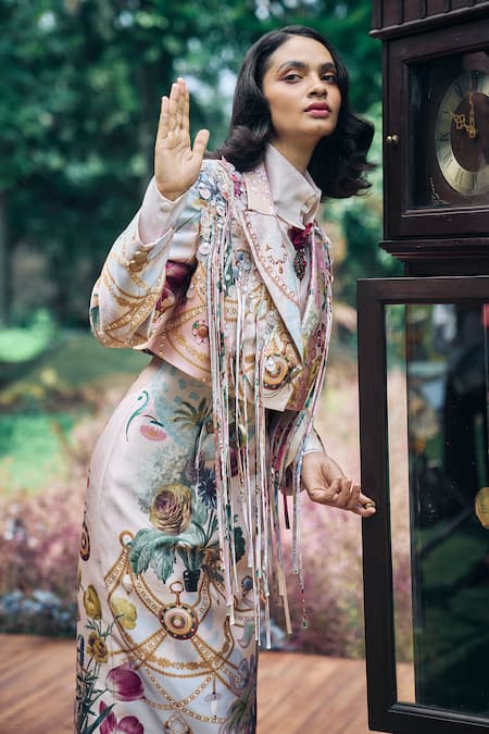 Buy_Pankaj & Nidhi_Multi Color Satin Sequins, Tassels, Floral Abstract Embellished Cropped Blazer _Online_at_Aza_Fashions