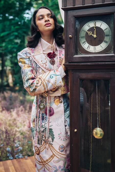 Buy_Pankaj & Nidhi_Multi Color Satin, Twill Sequins, Tassels, Floral Abstract Cropped Blazer Set _Online_at_Aza_Fashions