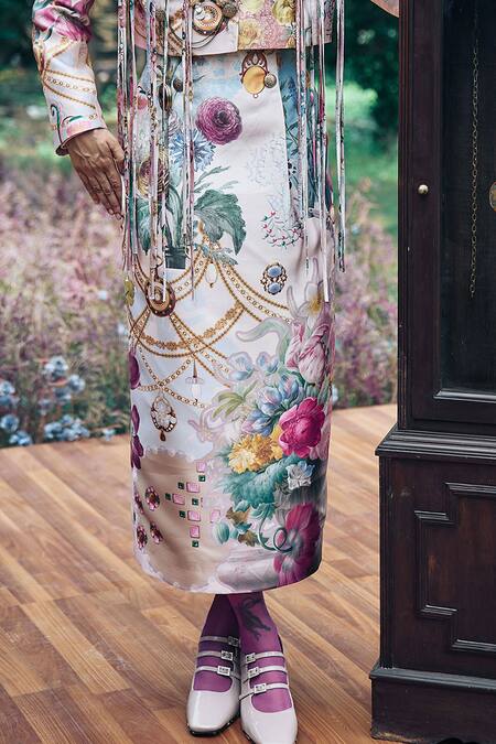 Pankaj & Nidhi_Multi Color Satin Multicolor Floral Abstract Midi Skirt _Online_at_Aza_Fashions