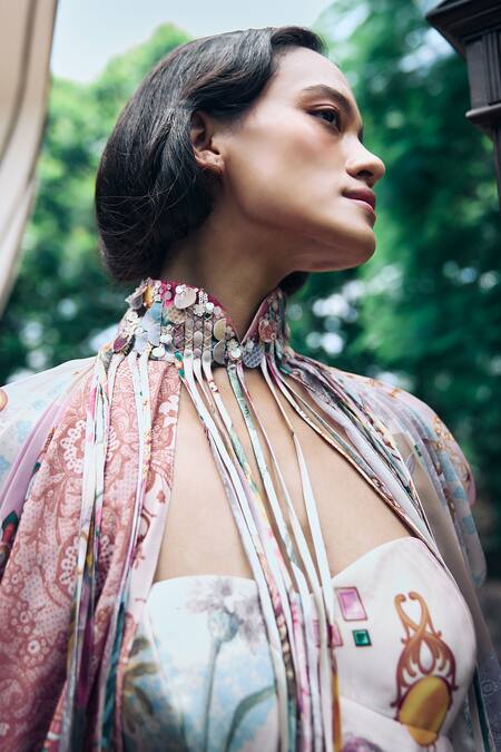 Pankaj & Nidhi_Multi Color Multicolor Abstract Floral Cape _Online_at_Aza_Fashions