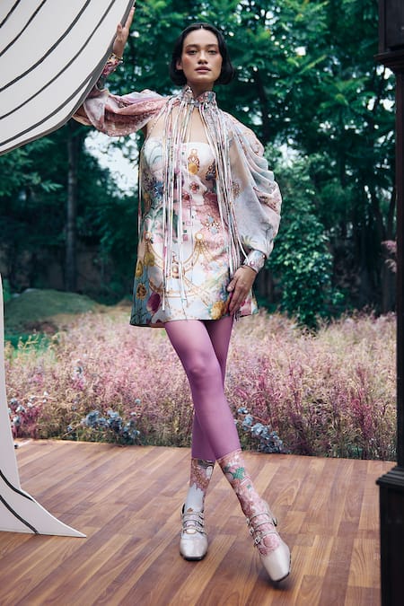 Pankaj & Nidhi Floral Tasselled Cape & Mini Tube Dress 