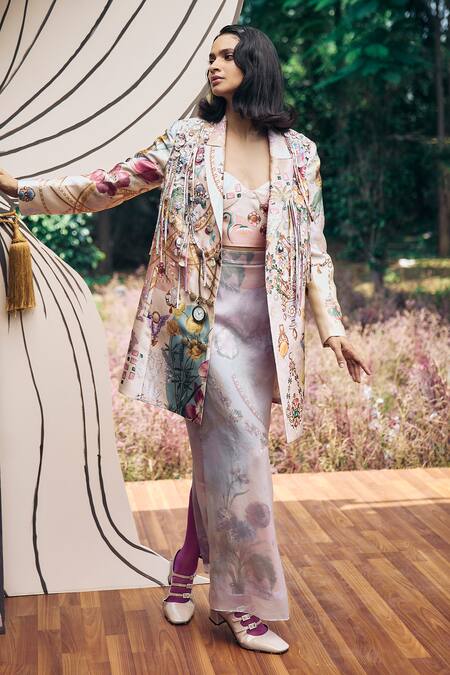 Buy_Pankaj & Nidhi_Multi Color Organza, Lycra, Satin Chains, Embellished Blazer And Skirt Set _Online_at_Aza_Fashions