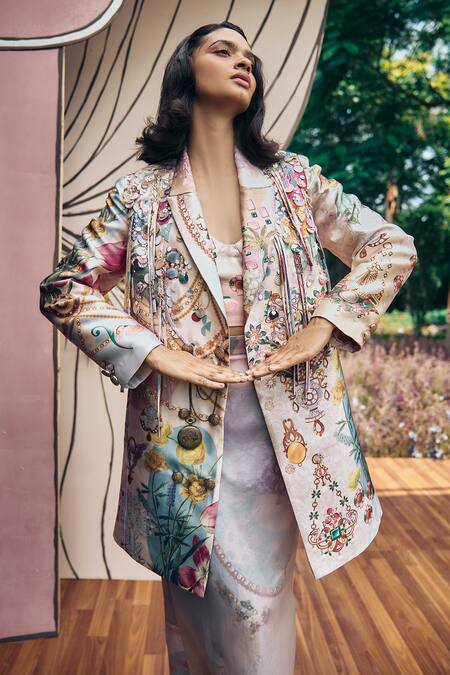 Shop_Pankaj & Nidhi_Multi Color Organza, Lycra, Satin Chains, Embellished Blazer And Skirt Set _Online_at_Aza_Fashions