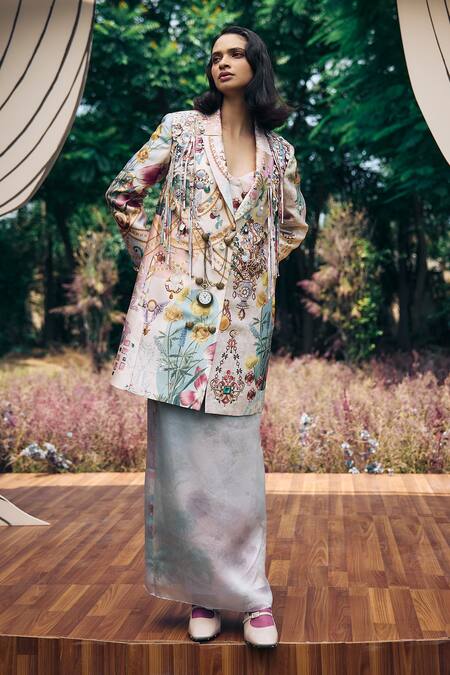 Buy_Pankaj & Nidhi_Multi Color Organza, Lycra Multicolor Abstract Floral Skirt _Online_at_Aza_Fashions