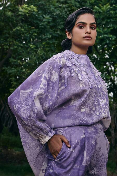 Buy_Pankaj & Nidhi_Purple Organza Embroidery Mandarin Collar Floral Applique Embellished Shirt _Online_at_Aza_Fashions