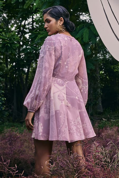 Pankaj & Nidhi Floral Sequin Applique Geometric Print Dress 