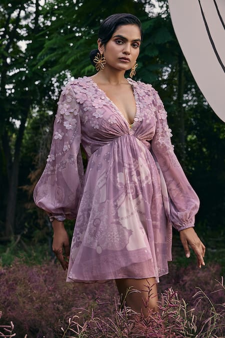 Pankaj & Nidhi_Purple Chiffon Sequins, Fabric Flowers Floral Applique Geometric Print Dress _Online_at_Aza_Fashions