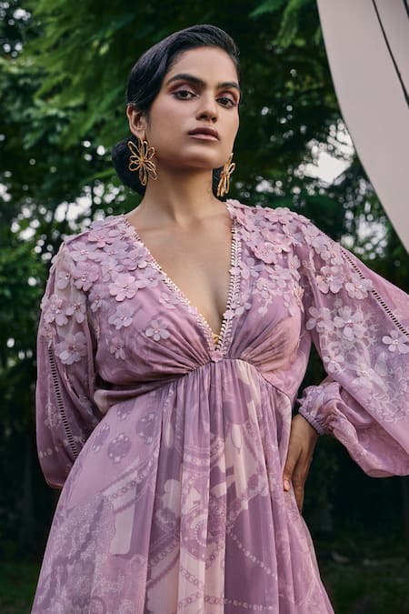Buy_Pankaj & Nidhi_Purple Chiffon Sequins, Fabric Flowers Floral Applique Geometric Print Dress _Online_at_Aza_Fashions