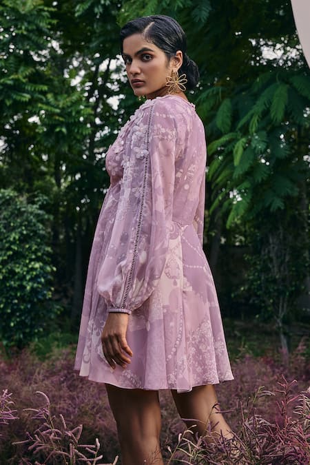 Shop_Pankaj & Nidhi_Purple Chiffon Sequins, Fabric Flowers Floral Applique Geometric Print Dress _Online_at_Aza_Fashions