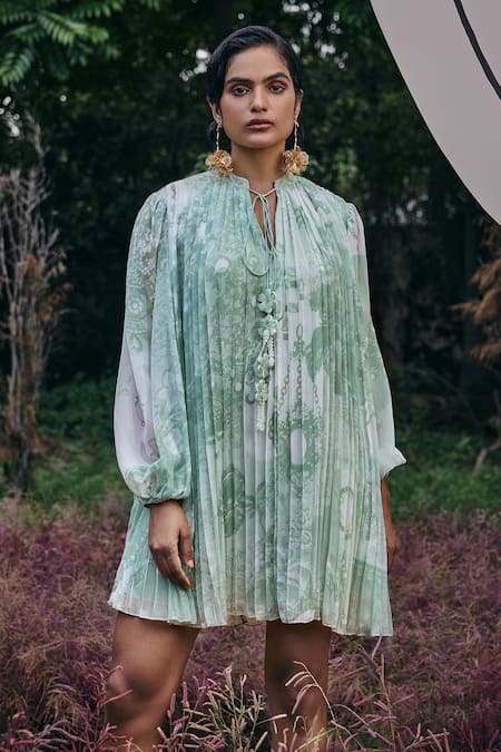 Pankaj & Nidhi Mint Green Abstract Printed Pleated Dress 