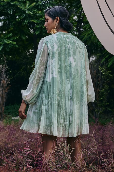 Pankaj & Nidhi Mint Green Abstract Printed Pleated Dress 