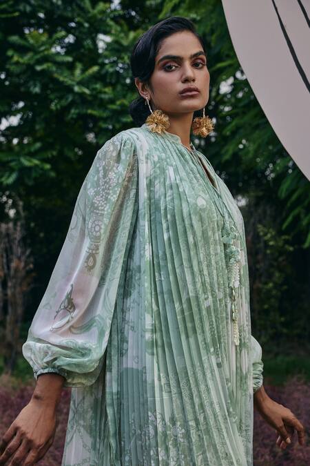 Buy Pankaj & Nidhi Green Chiffon Mandarin Collar Mint Abstract Printed Pleated Dress Online at Aza Fashions Buy_Pankaj & Nidhi_Green Chiffon Mandarin Collar Mint Abstract Printed Pleated Dress _Online_at_Aza_Fashions