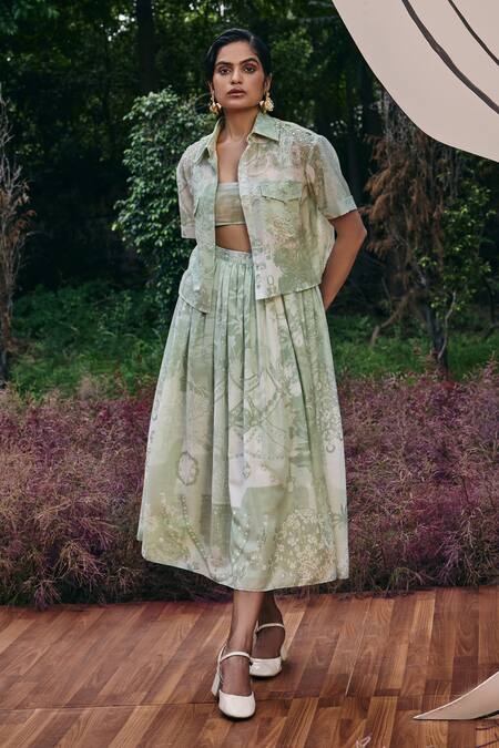 Pankaj & Nidhi_Green Cotton, Silk Sequins, Embroidery Collared Mint Abstract Print Shirt _Online_at_Aza_Fashions