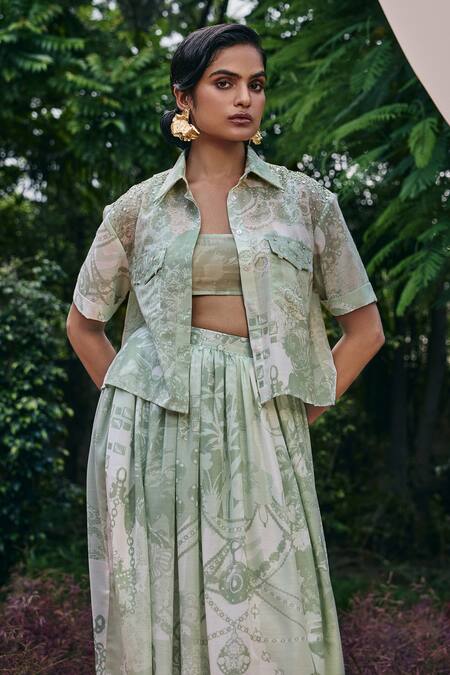 Buy_Pankaj & Nidhi_Green Cotton, Silk Sequins, Embroidery Collared Mint Abstract Print Shirt _Online_at_Aza_Fashions