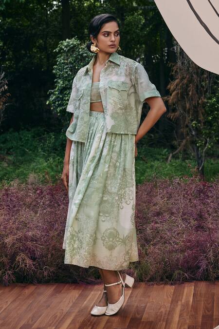 Pankaj & Nidhi_Green Cotton, Silk Sequins Collared Mint Abstract Print Shirt And Skirt Set _Online_at_Aza_Fashions