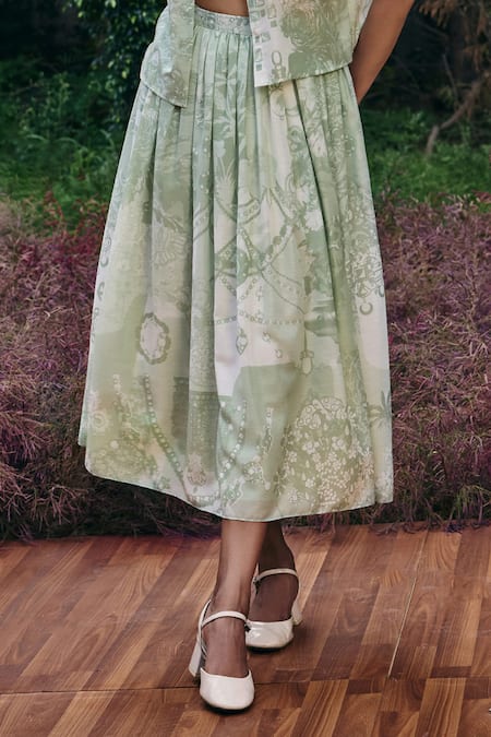 Buy_Pankaj & Nidhi_Green Cotton, Silk Sequins Collared Mint Abstract Print Shirt And Skirt Set _Online_at_Aza_Fashions
