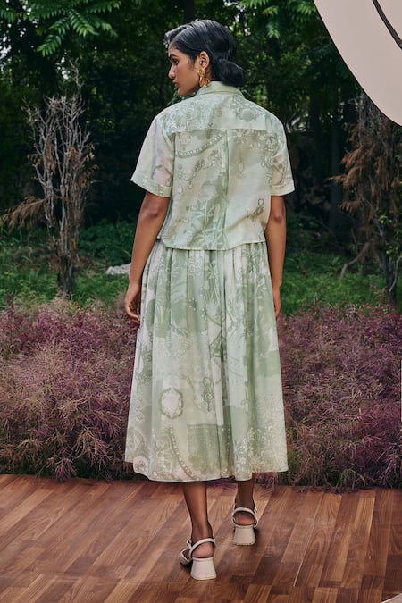 Pankaj & Nidhi Mint Green Abstract Print Pleated Skirt 