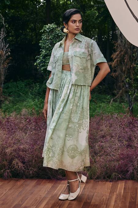 Pankaj & Nidhi Green Cotton, Silk Mint Abstract Print Pleated Skirt Online at Aza Fashions Pankaj & Nidhi_Green Cotton, Silk Mint Abstract Print Pleated Skirt _Online_at_Aza_Fashions