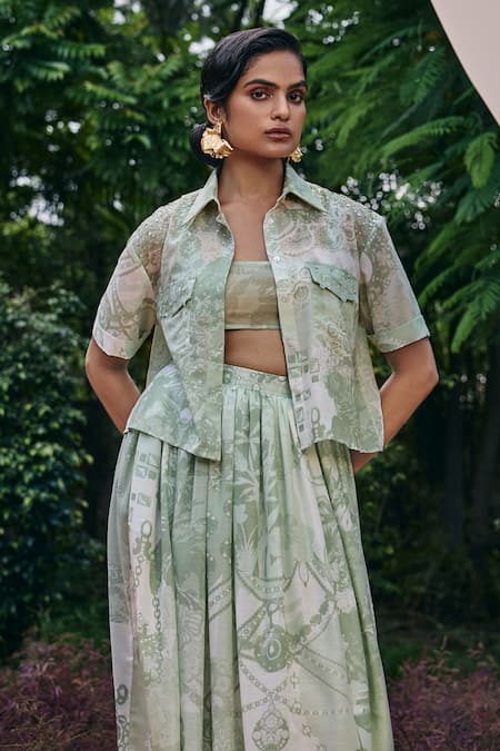 Buy Pankaj & Nidhi Green Cotton, Silk Mint Abstract Print Pleated Skirt Online at Aza Fashions Buy_Pankaj & Nidhi_Green Cotton, Silk Mint Abstract Print Pleated Skirt _Online_at_Aza_Fashions