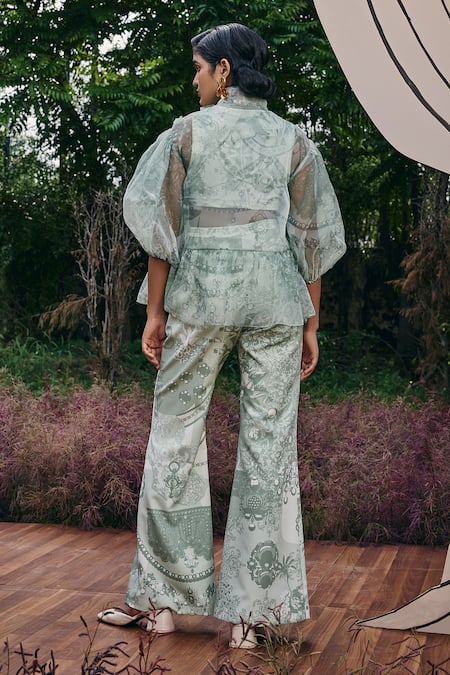 Shop Pankaj & Nidhi Green Organza Applique Open Neck Mint Abstract Peplum Top at Aza Fashions Shop_Pankaj & Nidhi_Green Organza Applique Open Neck Mint Abstract Peplum Top _at_Aza_Fashions